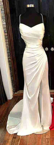 2025 Arabic Red Elegant Spaghetti Strap Pleated Satin Prom Dress with Split for Women's Party LA72675