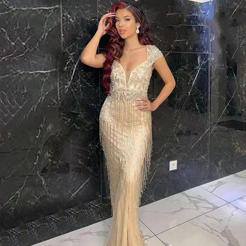 Champagne Luxe Mermaid Avondjurken 2025 Kralen Kwastje Elegante Voor Vrouwen Party LA70061