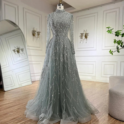 Robe de soirée élégante et luxueuse pour femmes musulmanes, coupe trapèze, bleu, perlée, style Dubaï, pour mariage, 2025, LA72302A 