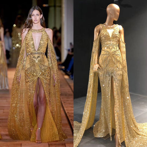 Gold Mermaid Elegant High Split Evening Dresses Gowns 2025 Beaded Luxury Cape Sleeve For Women Party LA71503