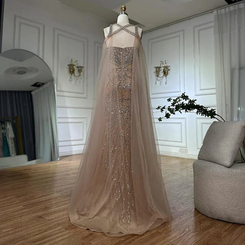 2025 Nude Cape Sleeves Beaded Crystal Arabic Evening Dresses Gowns For Women Wedding Party LA72806