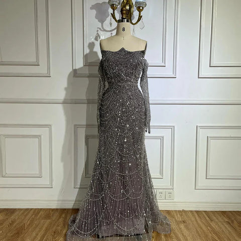 Luxury Pearls Green Mermaid Evening Dress with Gloves LA72352 Plush Size