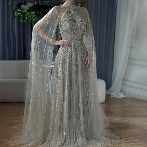 2025 Arabic Caramel A Line Cape Sleeve Beaded Luxury Saudi Evening Dresses Gowns For Formal Occasion LA72306B