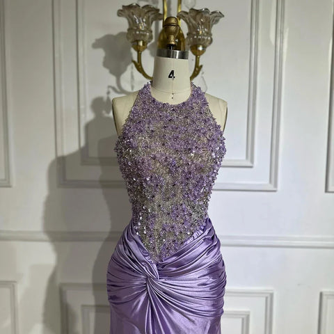 2025 Arabic Lilac Halter Neck Side Split Mermaid Luxury Dubai Evening Gown Beaded Dress for Women's Party LA72668