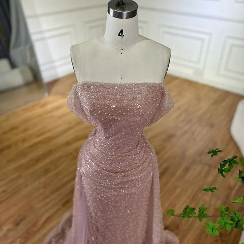 Customize 2025 Pink Elegant Saudi Mermaid Beaded Arabic Evening Dresses Gown For Formal Occasion LA72204A