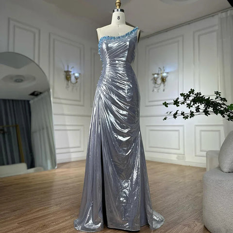 2025 Elegant Silver One-Shoulder Beaded Mermaid Luxury Dubai Evening Gown with Side Split for Women's Party LA72672