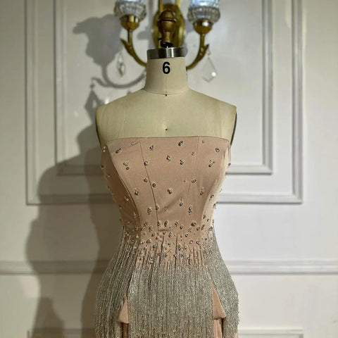 2025 Saudi Nude Pink Strapless Arabic Mermaid Evening Dresses Gowns Beaded Tassel for Occasion LA72804