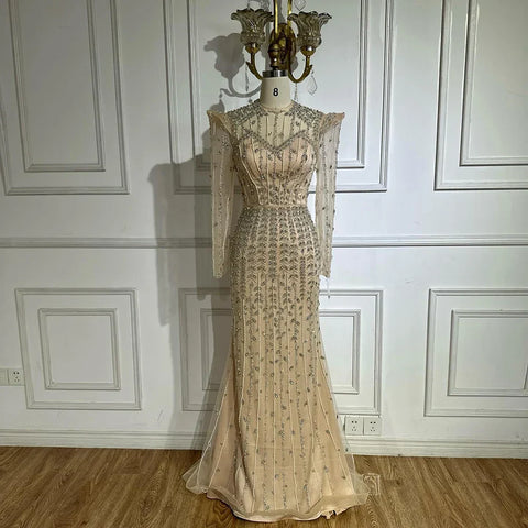 Beige Long Sleeves Arabic Evening Dresses LA72826