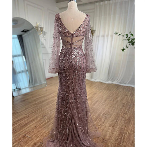 Sexy Mint Mermaid Elegant V-Neck Beaded Luxury Arabic Shiny Evening Dresses Gowns For Women Party 2025 LA71784