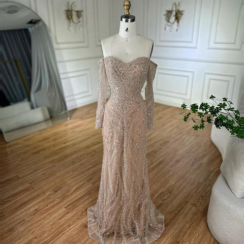 Vestidos de noche de lujo con cuentas, mangas largas con hombros descubiertos y lentejuelas brillantes LA72824A