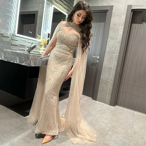 Luxury Nude Mermaid Evening Dress with Cape Sleeve LA72233A
