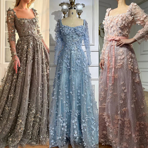 Arabic Gray A Line Elegant Appliques Luxury Beaded Evening Gowns for Women Wedding Party LA72657