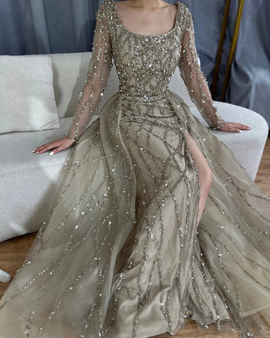 Elegante vestido largo de noche verde estilo sirena con abertura lateral, lujoso, con cuentas, estilo Dubái, colección 2025, para mujer, ideal para bodas y fiestas (LA70765L). 