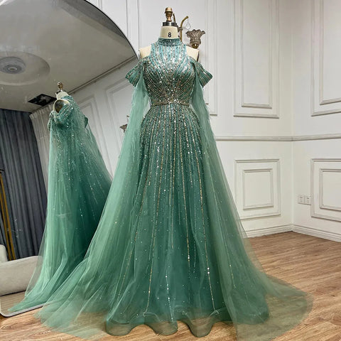 2025 Arabic Turquoise Cape Sleeves A-Line Beaded Feathers Long Evening Gowns for Women Wedding Party LA72644