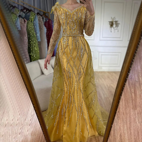 Robe de soirée sirène dorée musulmane avec jupe perlée, luxueuse robe de soirée de Dubaï, pour femmes, fête de mariage, LA72211, 2025 