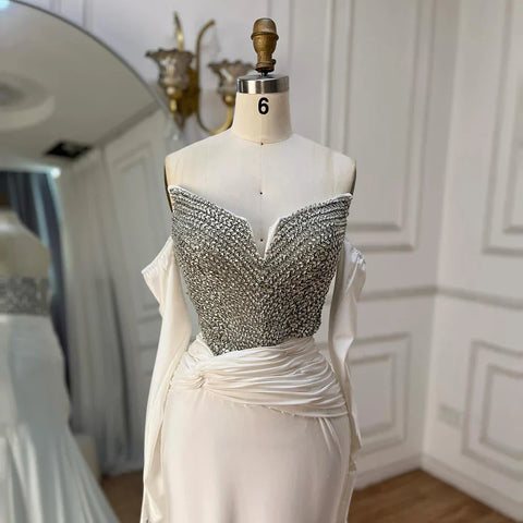 2025 Elegant White Arabic Strapless Evening Gown with Crystal Beaded Dress and Gloves for Formal Occasion LA72758