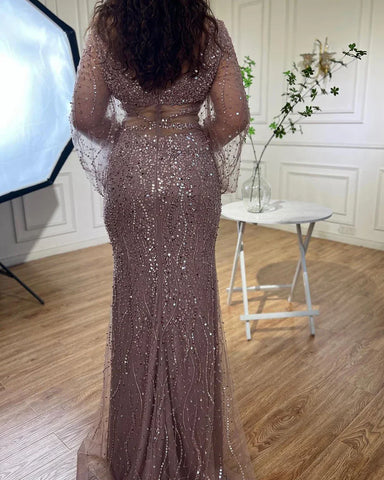 Sexy Mint Mermaid Elegant V-Neck Beaded Luxury Arabic Shiny Evening Dresses Gowns For Women Party 2025 LA71784