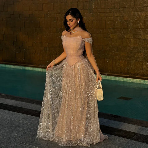 Off Shoulder Beaded A-Line Evening Dress Gown with Corset LA72922