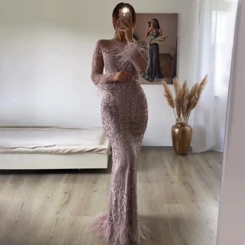 Blue  Long Sleeve Feathers beaded Evening Dresses Dubai Mermaid Luxury Evening Gowns 2025 LA60932