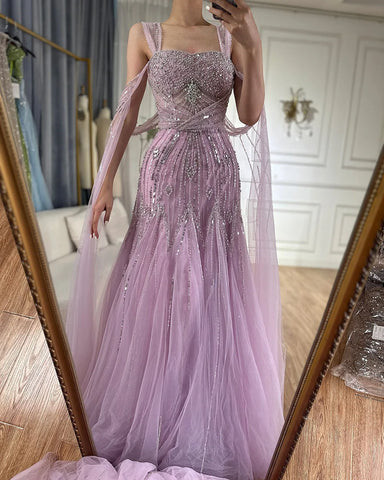 2025 pink Beaded Spaghetti Strap Design A-Line Evening Dresses Gowns with Cape Sleeves for Formal Occasion LA72726
