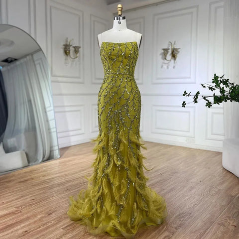Orange Spaghetti Strap Mermaid Evening Dresses Gowns Luxury Feathers Beaded for Women Wedding Party 2025 LA72272