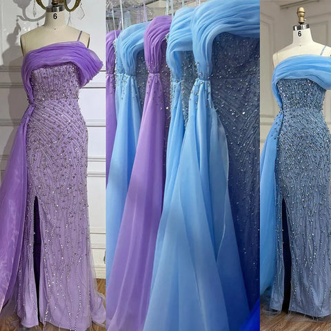 2025 Blue One Shoulder Split Beaded Pearls Luxury Mermaid Evening Dresses Gowns for Women Wedding Party LA72244A