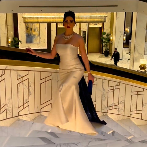 Robe de soirée longue et élégante en satin mikado, style sirène, beige, sans bretelles, pour femme, idéale pour un mariage, modèle LA71953, 2025 