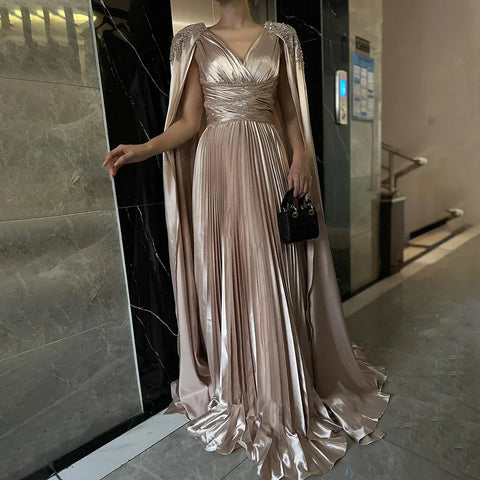 Rose Gold Beaded Satin A-Line Evening Dress Gown with Cape Sleeves LA72663