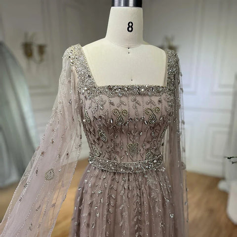 Muslim Caramel Beaded A-Line Luxury Evening Dress Gown with Cape Sleeves LA71803A
