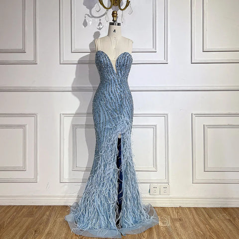 2025 Arabic Strapless Blue Beaded Feathers Luxury Dubai Evening Gowns with Side Skirt for Women Wedding party LA72695