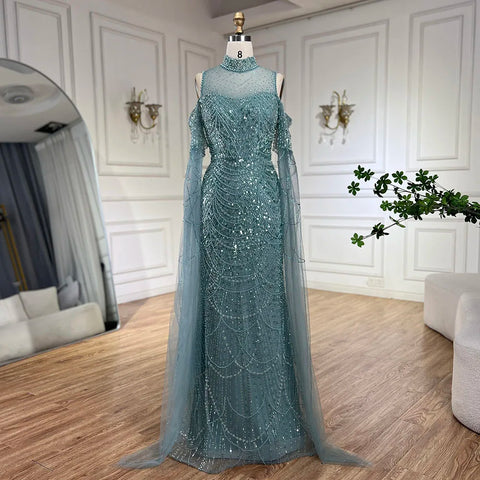 Dubai Pink Cape Sleeves Mermaid Beaded Luxury Long Arabic Evening Dresses Gowns for Woman Wedding Party LA71992A