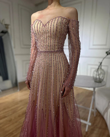 2025 Arabic Purple Elegant A-Line Beaded Long Evening Dresses Gowns for Formal Occasion LA72752