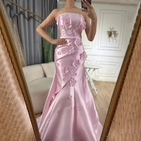 Pink 3D Flowers Mermaid Evening Dress with Detachable Overskirt LA72740