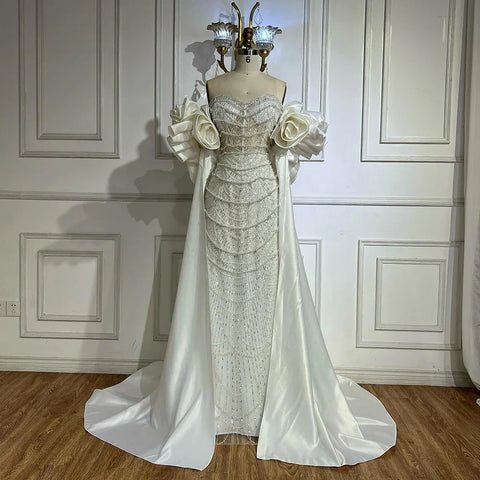 Red Long Cape Pearls Beaded Mermaid Evening Dresses Gowns For Formal Occasion 2025 LA72585A