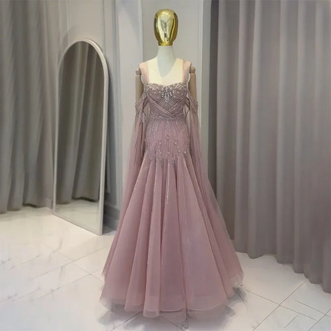 2025 pink Beaded Spaghetti Strap Design A-Line Evening Dresses Gowns with Cape Sleeves for Formal Occasion LA72726