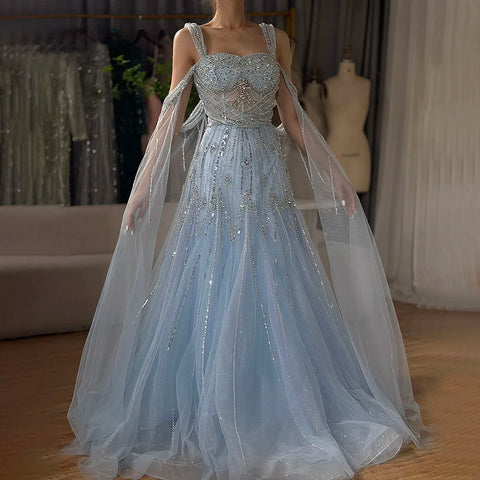 2025 pink Beaded Spaghetti Strap Design A-Line Evening Dresses Gowns with Cape Sleeves for Formal Occasion LA72726