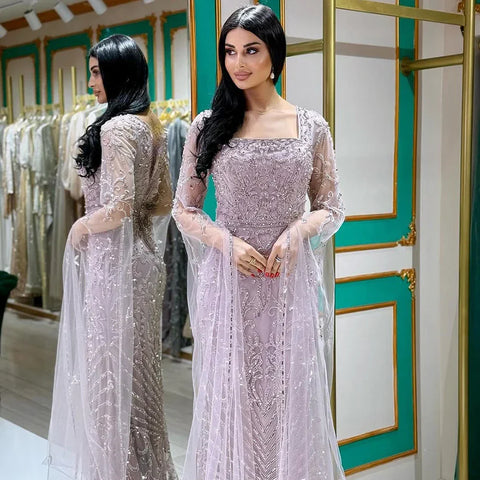 2025 Arabic Caramel Mermaid Long Evening Dress with Beaded Cape Sleeves | Gown for Women's Wedding Party LA72400A