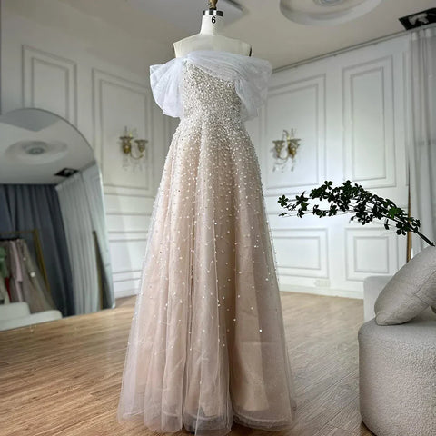 2025 Arabic Blue Off The Shoulder Beaded Elegant A-Line Long Evening Dresses Gowns for Formal Occasion LA72009A