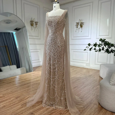 2025 Saudi Arabic Turquoise Mermaid Evening Dress With Pearls Beaded Cape Sleeves For Formal Occasion LA72590A