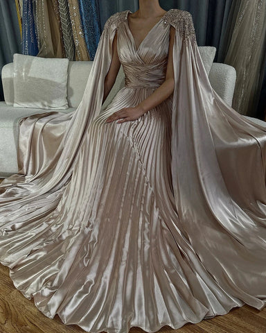 Rose Gold Beaded Satin A-Line Evening Dress Gown with Cape Sleeves LA72663