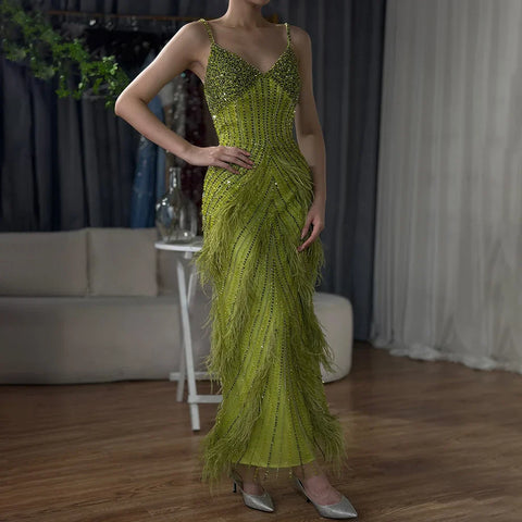 On Sale no return no refund Yellow Green Feathers Mermaid Sundress Evening Gowns Beaded Ankle Length Party Drsses 2025 For Women LA72055