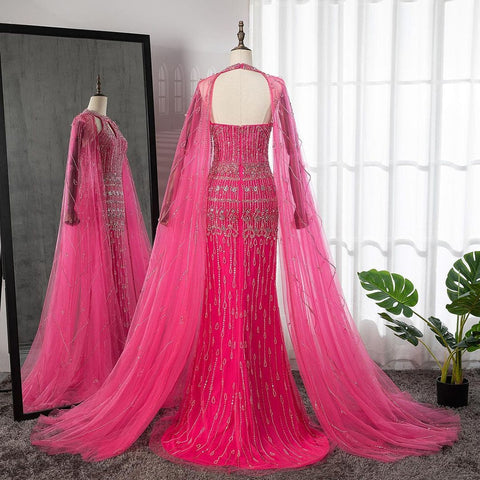Luxury Dubai Mermaid Fuchsia Evening Dresses with Cape Sleeves LA71817