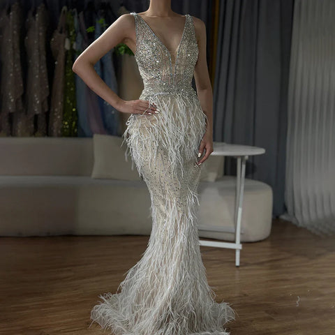 Arabic Blue Mermaid Elegant With Cape Luxury Beaded Feather Dubai Evening Dresses Gowns for Women Party LA71583B