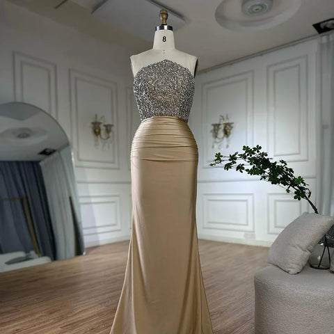 2025 Saudi Arabic Gold Elegant Strapless Evening Gown Crystal Beaded Dress for Formal Occasion LA72759