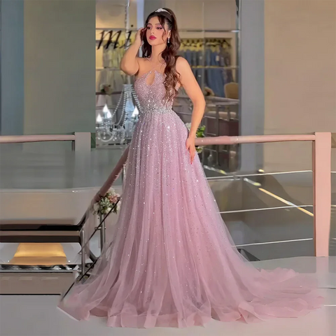 2025 Saudi Arabic Caramel Halter Beaded Tulle A-Line Evening Gown LA72863