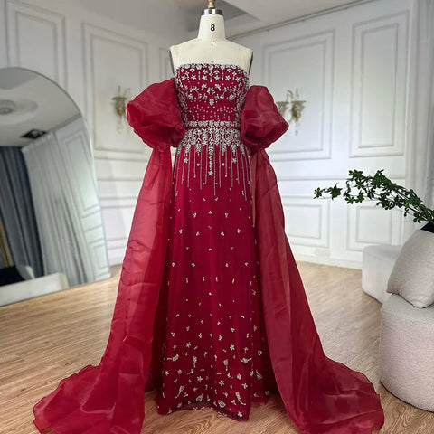 2025 Black Beaded Mermaid Evening Dresses Gowns with Puff Sleeves Overskirt for Formal Occasion LA72002