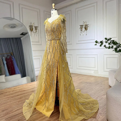 Robe de soirée sirène dorée musulmane avec jupe perlée, luxueuse robe de soirée de Dubaï, pour femmes, fête de mariage, LA72211, 2025 