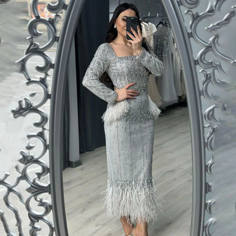Silver Gray Mermaid Tea Length Evening Dress with Feathers LA71669L