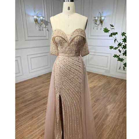 Robe de soirée élégante style sirène nude avec jupe, épaules dénudées, fendue et perlée, pour femme, modèle LA71728, 2024 