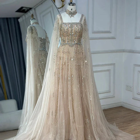 2025 Arabic Nude A Line Cape Sleeve Crystal Beaded Luxury Saudi Evening Dresses Gowns For Formal Occasion LA72764